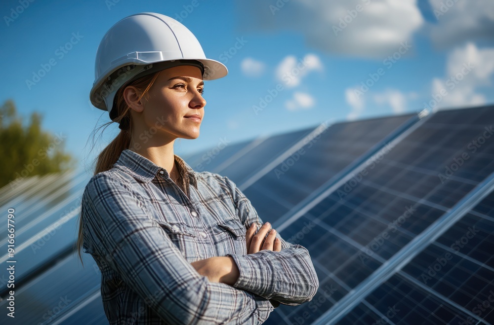 Female Engineer Standing in Front of Solar Panels Female Engineer Standing in Front of Solar Panels