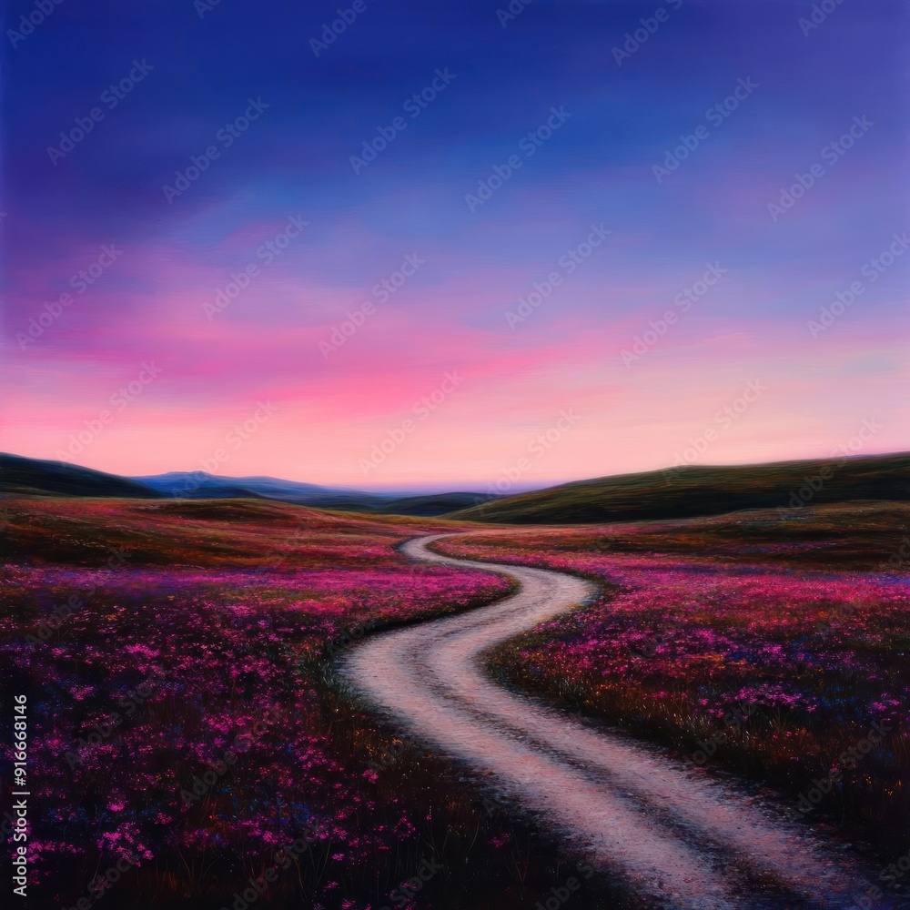 Naklejka premium A winding dirt road leads through a field of purple wildflowers at sunset.