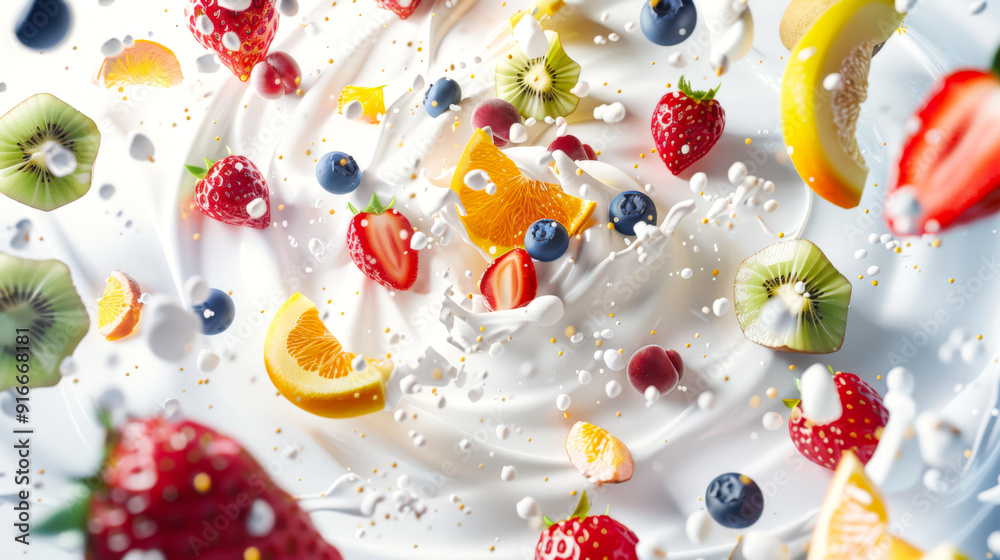 Wild berries and exotic fruits are mixed with milk in a blender. Close-up. The fruit includes strawberries, oranges, blueberries and kiwis Wild berries and exotic fruits are mixed with milk in a blender. Close-up. The fruit includes strawberries, oranges, blueberries and kiwis