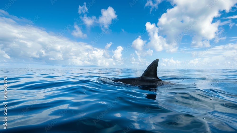 Naklejka premium Shark fin on surface of ocean against blue cloudy sky