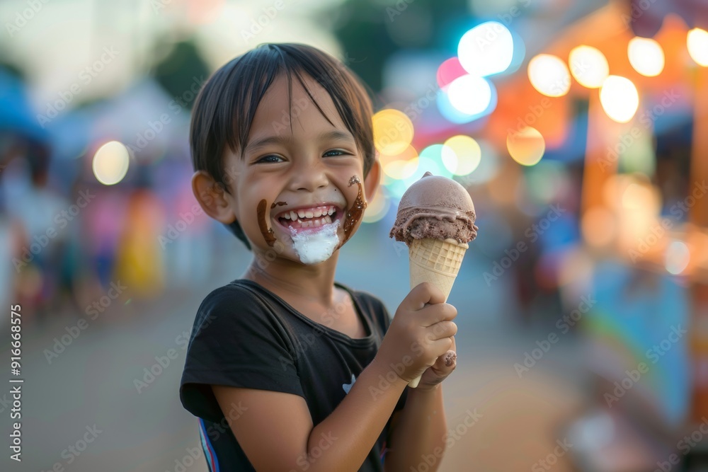Radiating positive energy she captures essence of modern style. City background highlights girl fresh and stylish appearance. The joy of ice cream shines on this child's face. Radiating positive energy she captures essence of modern style. City background highlights girl fresh and stylish appearance. The joy of ice cream shines on this child's face.