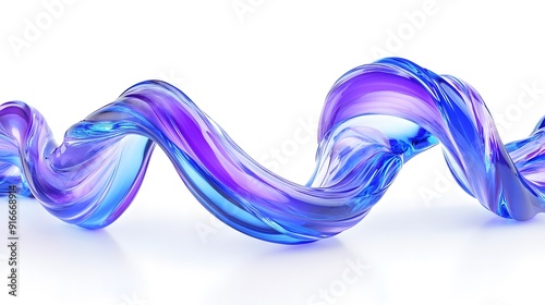 Dynamic 3D Glass Tubes in S Shape with Blue and Purple Waves on White Background, Depicting Fluid Movement and Realistic Lighting Effects