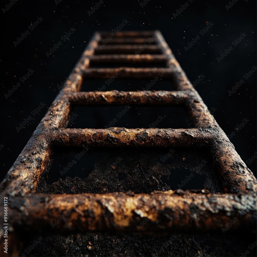 Rusty metal ladder leading upwards against a dark background.
