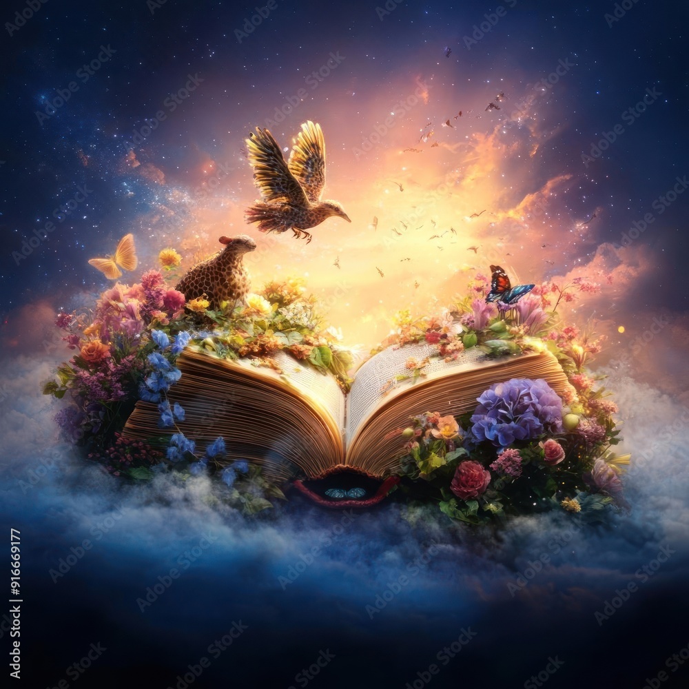 Open book with blooming flowers, birds, and a magical glow.