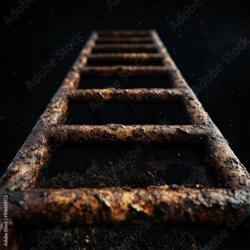 Rusty metal ladder leading upwards against a dark background.