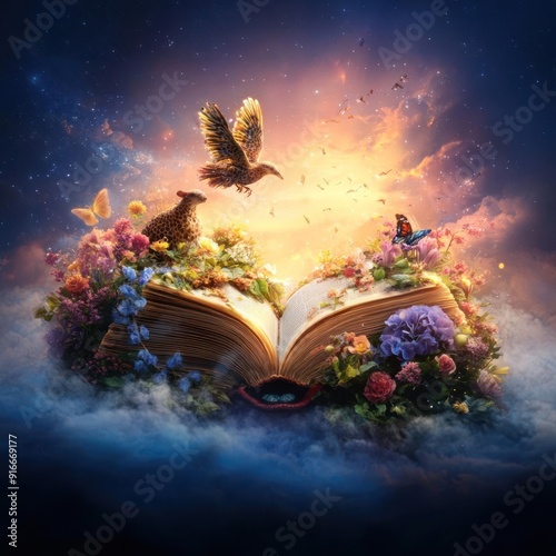 Open book with blooming flowers, birds, and a magical glow.