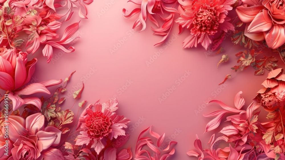 Sophisticated 3D Abstract Scene with Deep Pink and Coral Floral Motifs, Luxuriously Gilded for Glamour Sophisticated 3D Abstract Scene with Deep Pink and Coral Floral Motifs, Luxuriously Gilded for Glamour