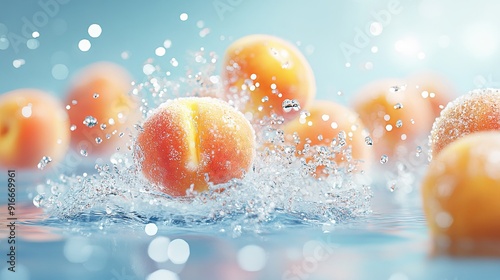 Dynamic Splash of Fresh Peaches in a Bright Clean Background. Water Spraying, Liquid Explosion Effect Highlighting the Vibrant Color and Realistic Detail of Juicy Fruit. Front View with Surreal Style.