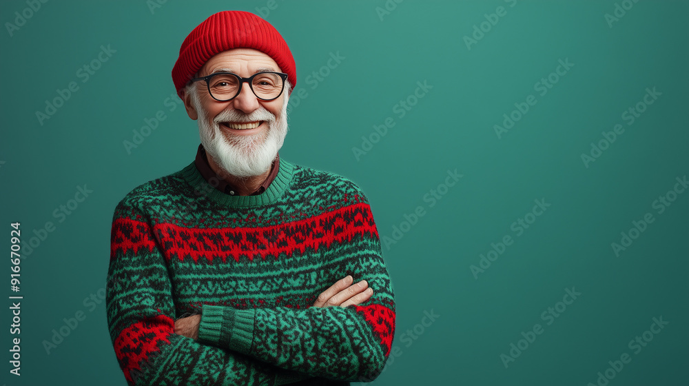Happy Holidays, Grandpa: A cheerful senior man with a white beard and glasses smiles warmly, wearing a festive red hat and green sweater, creating a heartwarming image for holiday greetings and winter Happy Holidays, Grandpa: A cheerful senior man with a white beard and glasses smiles warmly, wearing a festive red hat and green sweater, creating a heartwarming image for holiday greetings and winter