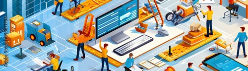 Isometric Illustration of a Busy Office with Workers, Computers, and Delivery Boxes.