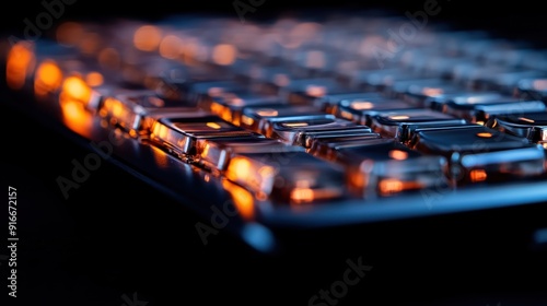 A macros shot of a backlit keyboard with a soft focus, displaying glowing orange keys against a dark background, emphasizing the intricacies and functionality of computer technology.