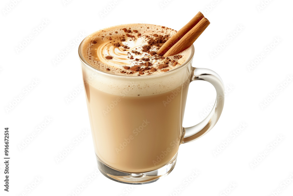 Obraz premium Cup of rich creamy coffee or chai latte crowned with fluffy whipped cream and a sprinkle of cinnamon isolated on white background with clipping path. The warm beverage for cozy afternoon, radiating co
