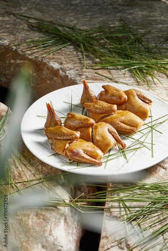 Quadro su tela Roasted pigeon in white tableware, spices decorate the table