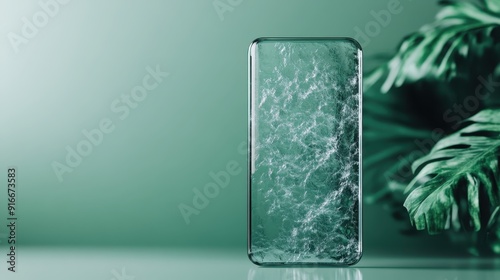 A transparent, glass-like smartphone is placed against a backdrop of green foliage, symbolizing the blend of technology and nature in a sleek modern design. photo