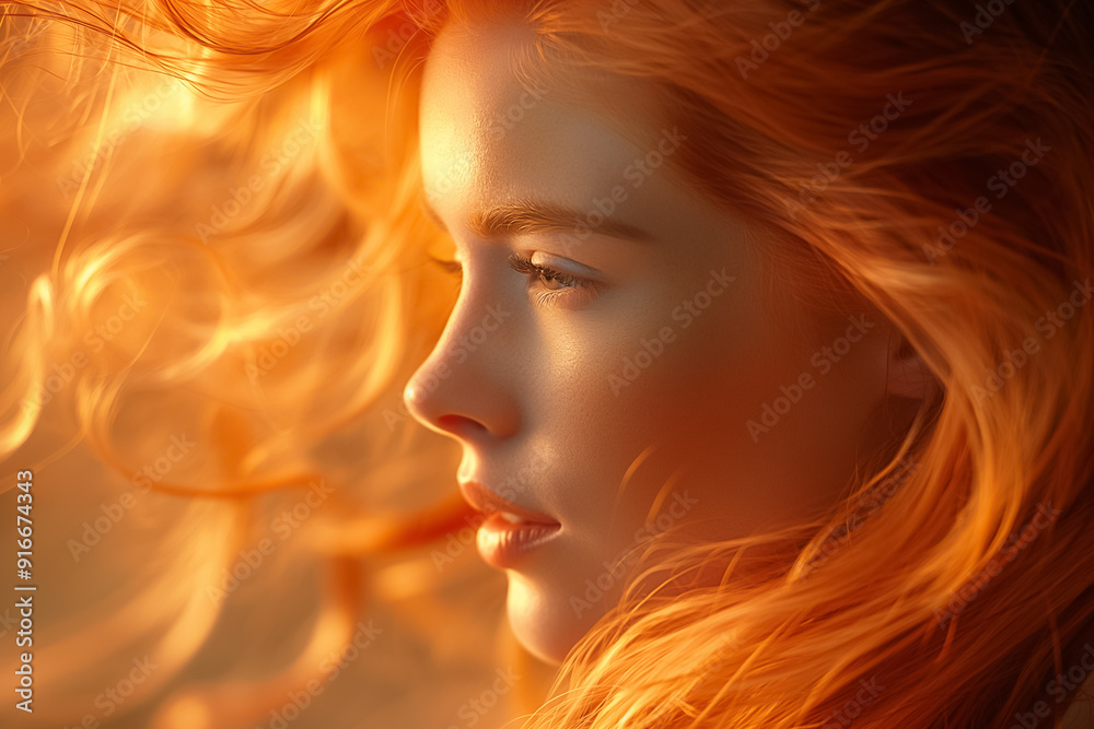 Enchanting Portrait Featuring a Woman with Flowing Orange Hair Illuminated Under a Radiant Glow of Light
