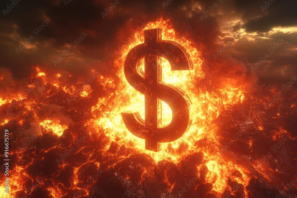 Dollar sign in volcanic eruption, , dark and bright contrast, powerful imagery, financial explosion Dollar sign in volcanic eruption, , dark and bright contrast, powerful imagery, financial explosion