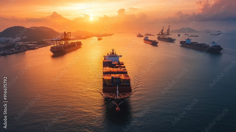 Cargo Ship at Sunset in Hong Kong Cargo Ship at Sunset in Hong Kong