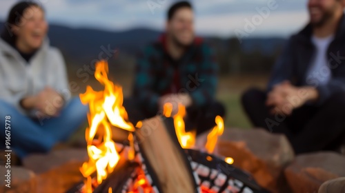 Group of friends laughing around a campfire, Fun amusement laughter, cozy gathering photo