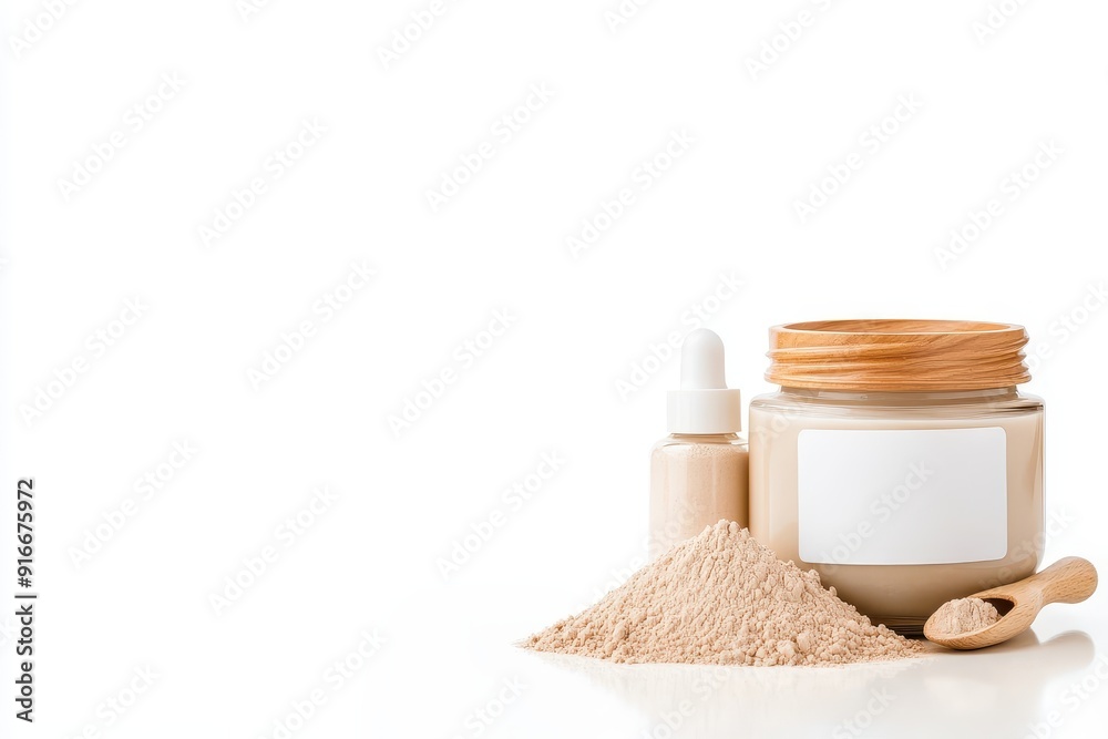 Bowl of bentonite clay next to a skincare jar and dropper bottle on a clean surface Bowl of bentonite clay next to a skincare jar and dropper bottle on a clean surface