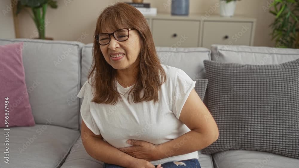 An elderly hispanic woman sitting in a living room experiencing stomach pain, clutching her abdomen while sitting on a couch in a well-lit home interior.