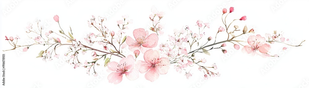 Beautiful pink flowers and delicate branches creating a soft, elegant floral arrangement on a white background. Beautiful pink flowers and delicate branches creating a soft, elegant floral arrangement on a white background.