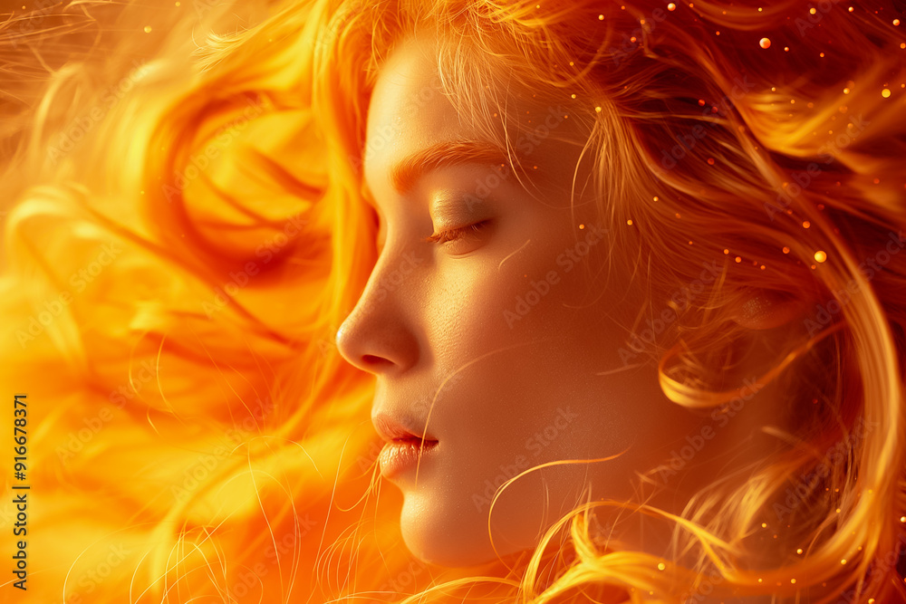 Enchanting Portrait Featuring a Woman with Flowing Orange Hair Illuminated Under a Radiant Glow of Light Enchanting Portrait Featuring a Woman with Flowing Orange Hair Illuminated Under a Radiant Glow of Light