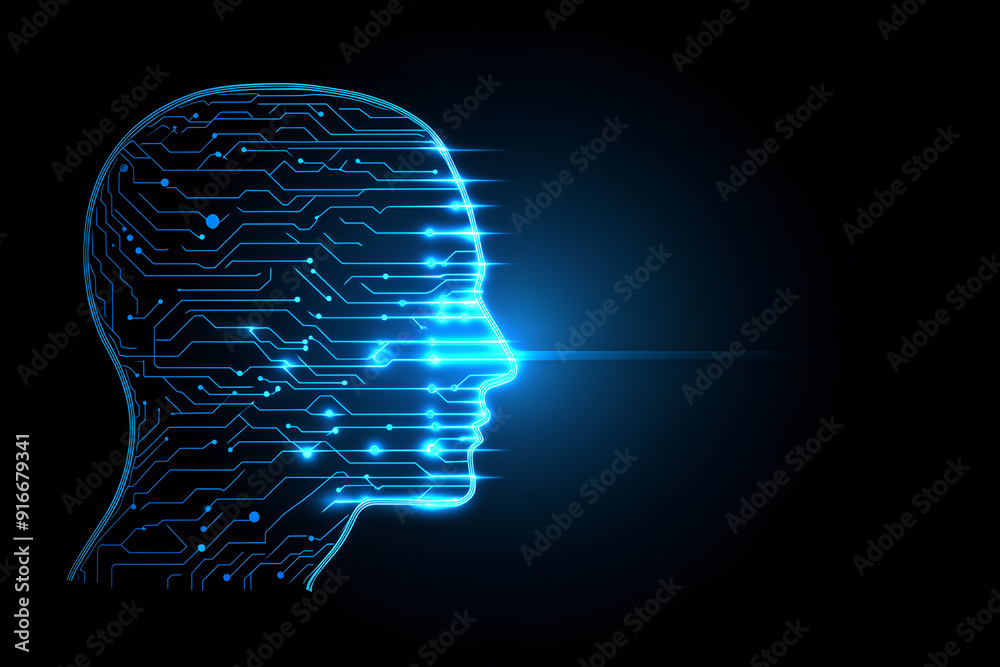 Obraz premium A man with circuit board patterns, symbolizing the fusion of AI and human intelligence.