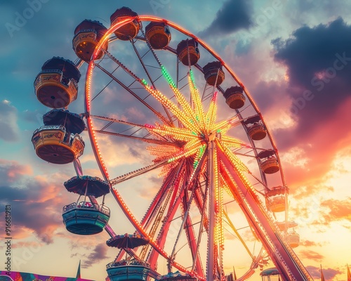 Oktoberfest ferris wheel with colorful lights spinning against a twilight sky, capturing the enchanting festival mood, Oktoberfest amusement, Whimsical atmosphere photo