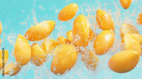 Fresh Mangoes Splashing with Water in a Surreal Liquid Explosion on a Bright Clean Background. Photorealistic Detail and High Resolution. Front View of Colorful Fruits with Liquid Dispersion