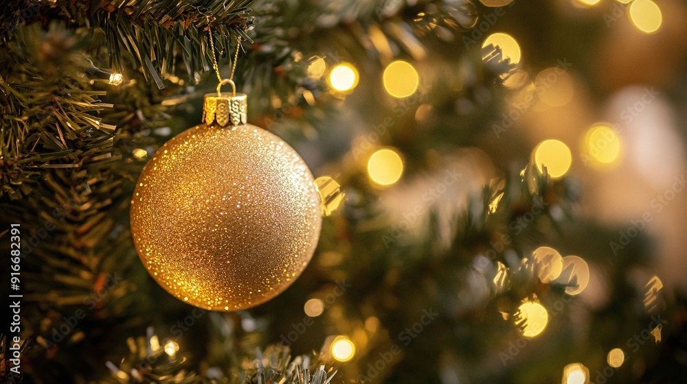 Golden christmas ornament hanging on a christmas tree with sparkling lights Golden christmas ornament hanging on a christmas tree with sparkling lights