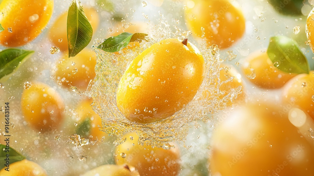 Fresh Mangoes Splashing with Water in a Surreal Liquid Explosion on a Bright Clean Background. Photorealistic Detail and High Resolution. Front View of Colorful Fruits with Liquid Dispersion Fresh Mangoes Splashing with Water in a Surreal Liquid Explosion on a Bright Clean Background. Photorealistic Detail and High Resolution. Front View of Colorful Fruits with Liquid Dispersion