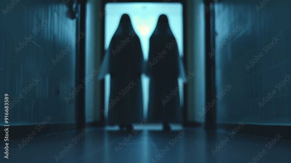 Haunted house with ghostly silhouettes in the doorway, Haunted house ghosts, eerie entrance Haunted house with ghostly silhouettes in the doorway, Haunted house ghosts, eerie entrance