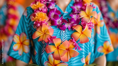 Hawaiian luau outfit with grass skirt and lei, Costume outfit festivity, tropical festivity