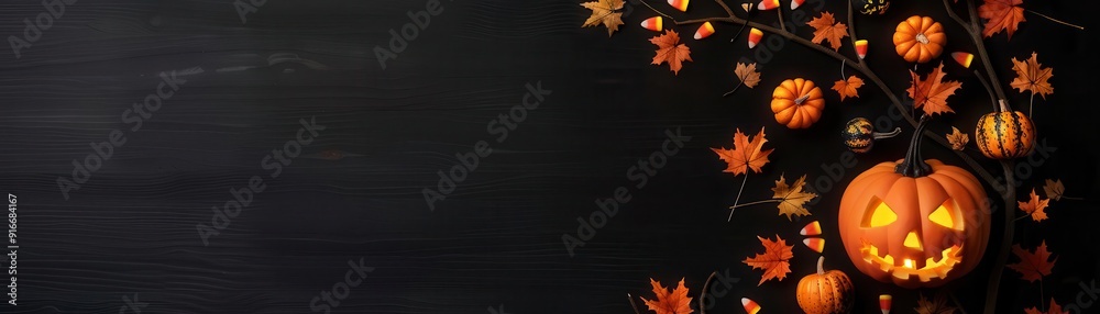 Halloween background with illuminated Jack-o'-lantern and autumn leaves on dark wooden surface, perfect for seasonal and festive themes. Halloween background with illuminated Jack-o'-lantern and autumn leaves on dark wooden surface, perfect for seasonal and festive themes.