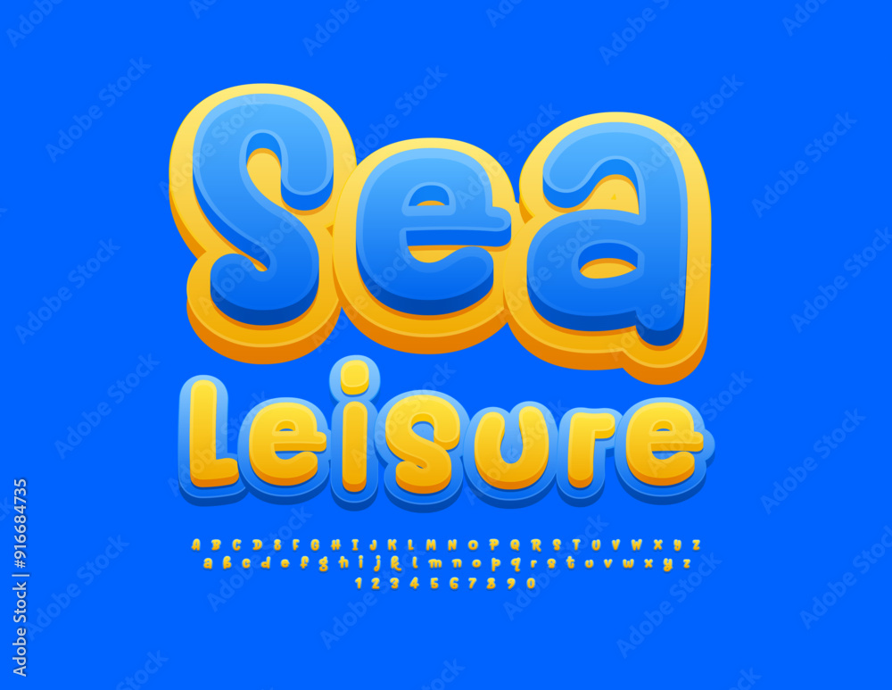 Vector playful banner Sea Leisure. Yellow and Blue Bright Font. Funny Alphabet Letters and Numbers set. Vector playful banner Sea Leisure. Yellow and Blue Bright Font. Funny Alphabet Letters and Numbers set.