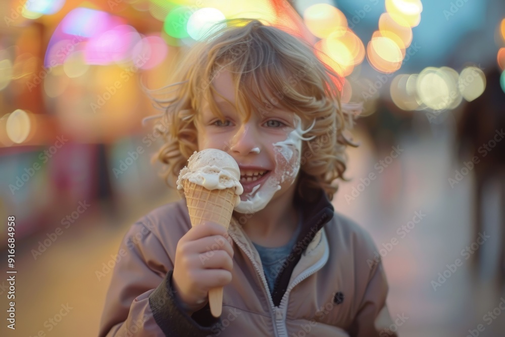 A child experiences bliss with an ice cream cone. Charming boy carefree attitude enjoying outdoors. Image represents pure joy and carefree nature of childhood. A child experiences bliss with an ice cream cone. Charming boy carefree attitude enjoying outdoors. Image represents pure joy and carefree nature of childhood.