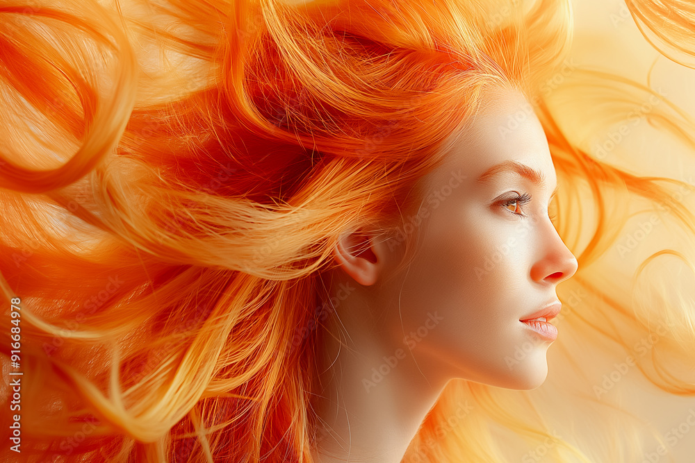 Fototapeta premium Enchanting Portrait Featuring a Woman with Flowing Orange Hair Illuminated Under a Radiant Glow of Light