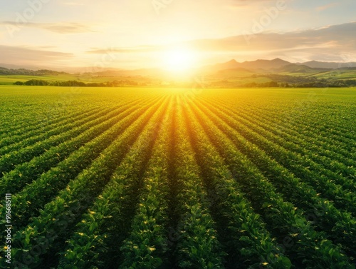 Sunrise over rolling green fields and mountains.