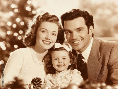 A vintage photo of a happy family of three celebrating Christmas.