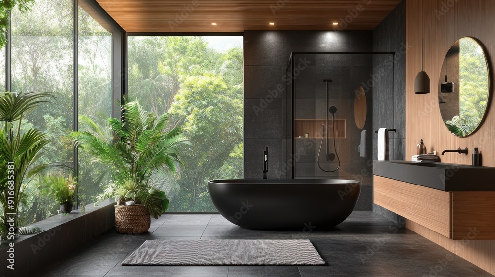 Modern Bathroom with Black Bathtub and Wooden Accents Modern Bathroom with Black Bathtub and Wooden Accents