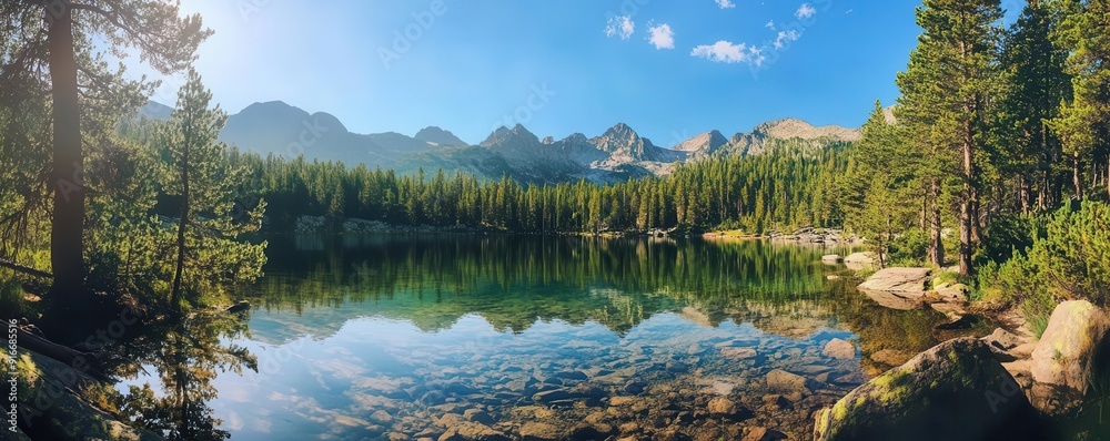 Fototapeta premium Dense pine forest surrounding a crystalclear mountain lake, perfect for outdoor adventure and nature travel