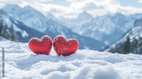 Fototapeta Naklejka Na Ścianę i Meble -  Two red hearts on snow in the mountains. Valentines day background