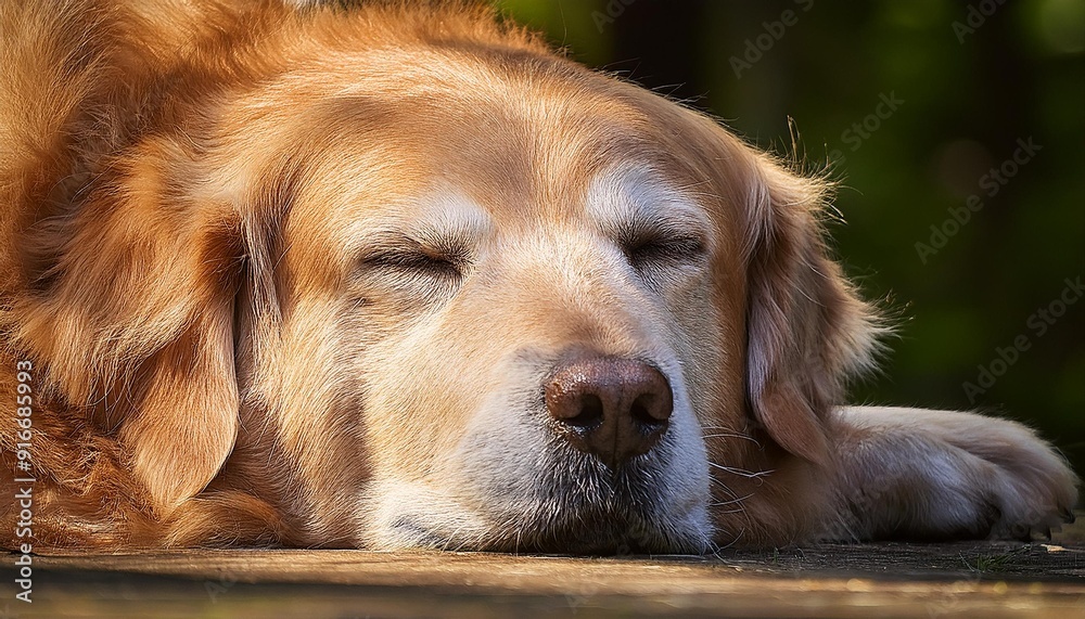 An older Golden Retriever lies in the sun, eyes closed, soft fur, calm expression An older Golden Retriever lies in the sun, eyes closed, soft fur, calm expression