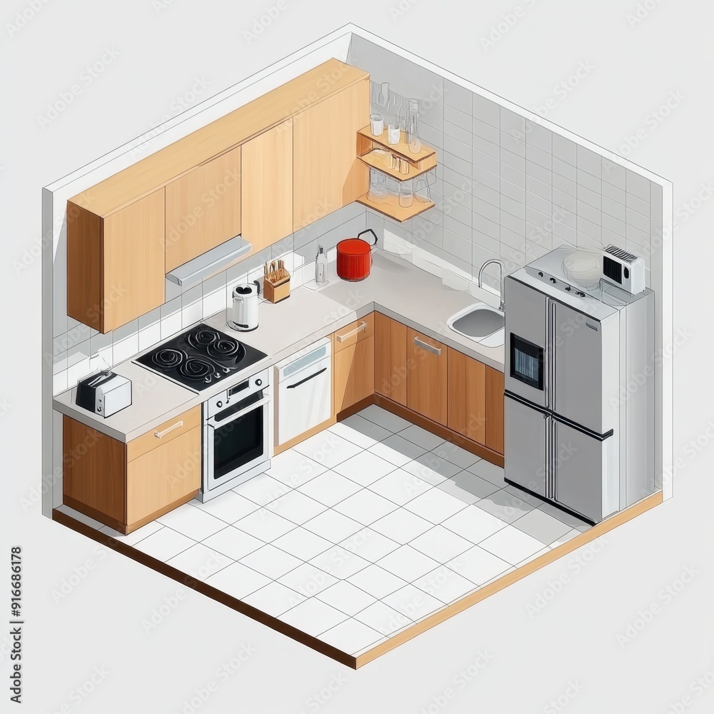 A kitchen with a stove, oven, microwave, and refrigerator. The kitchen is small and has a modern design A kitchen with a stove, oven, microwave, and refrigerator. The kitchen is small and has a modern design