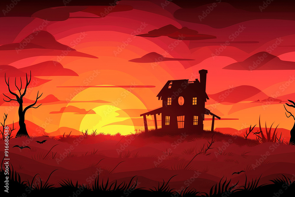 Obraz premium Creepy haunted house is standing on a hill at sunset for halloween