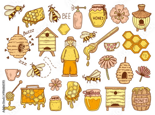 Honey apiary doodle clipart. Sweet farm, beekeeper, bee, wax, hive. Hand drawn vector flat illustration. Large set of elements.