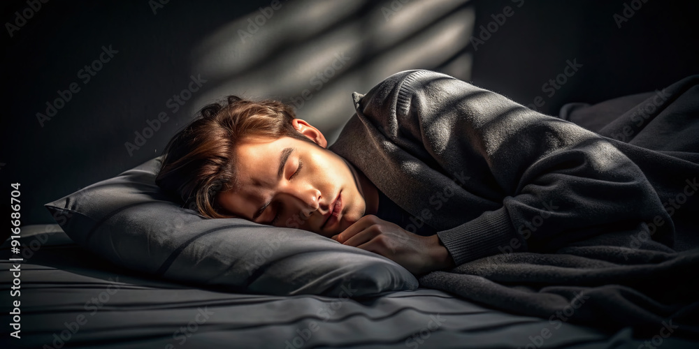 Naklejka premium Darkness envelops a serene and peaceful atmosphere as a person sleeps soundly, surrounded by black shadows and soft, comforting blankets, exuding relaxation and tranquility.