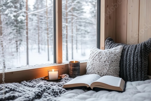 Individual reading in a cozy nook with frosty windows, cold quiet space photo