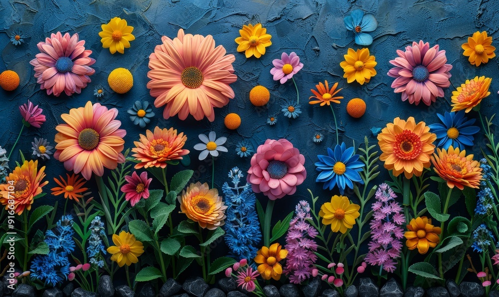 Assorted 3D floral border with a central copy space, set against a dark backdrop Assorted 3D floral border with a central copy space, set against a dark backdrop