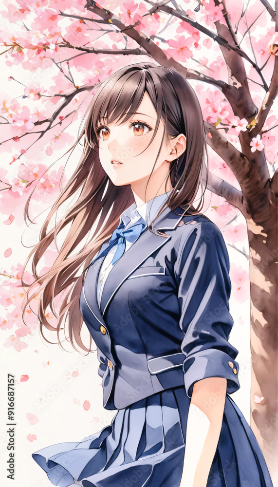 桜と女子高校生 水彩・色鉛筆イラスト 桜と女子高校生 水彩・色鉛筆イラスト